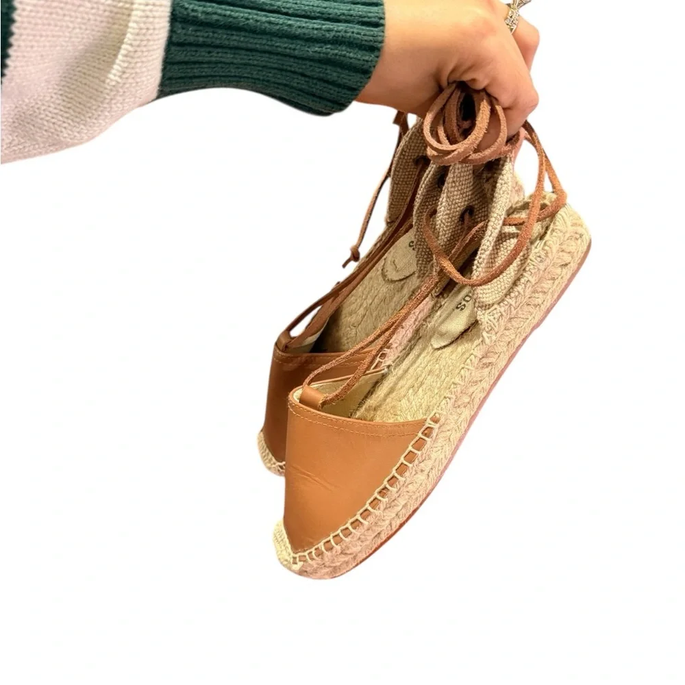 SALUDOS Wrap Gladiator Leather Tan Espadrille Flats